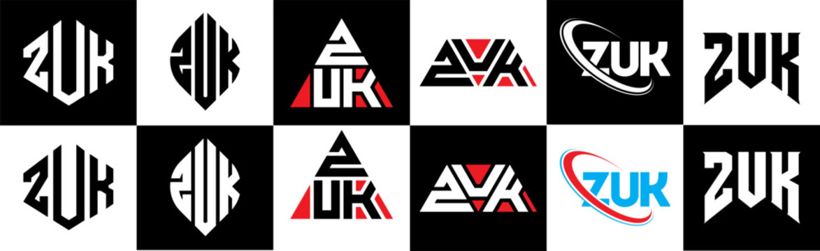 ZUK letter logo design in six style. ZUK polygon, circle, triangle, hexagon, flat and simple style with black and white color variation letter logo set in one artboard. ZUK minimalist and classic logo