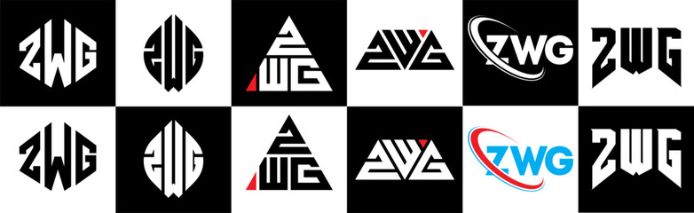 ZWG letter logo design in six style. ZWG polygon, circle, triangle, hexagon, flat and simple style with black and white color variation letter logo set in one artboard. ZWG minimalist and classic logo