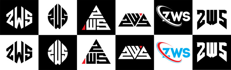 ZWS letter logo design in six style. ZWS polygon, circle, triangle, hexagon, flat and simple style with black and white color variation letter logo set in one artboard. ZWS minimalist and classic logo