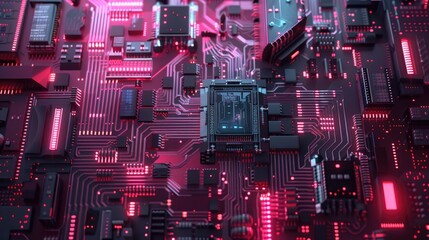 3D vector illustration of a computer chip on a circuit board, showcasing modern semiconductor technology and engineering.