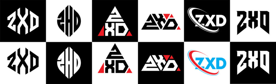 ZXD letter logo design in six style. ZXD polygon, circle, triangle, hexagon, flat and simple style with black and white color variation letter logo set in one artboard. ZXD minimalist and classic logo