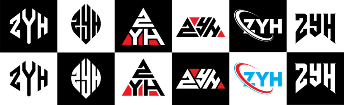 ZYH letter logo design in six style. ZYH polygon, circle, triangle, hexagon, flat and simple style with black and white color variation letter logo set in one artboard. ZYH minimalist and classic logo