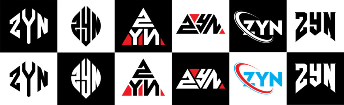 ZYN letter logo design in six style. ZYN polygon, circle, triangle, hexagon, flat and simple style with black and white color variation letter logo set in one artboard. ZYN minimalist and classic logo