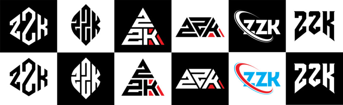 ZZK letter logo design in six style. ZZK polygon, circle, triangle, hexagon, flat and simple style with black and white color variation letter logo set in one artboard. ZZK minimalist and classic logo