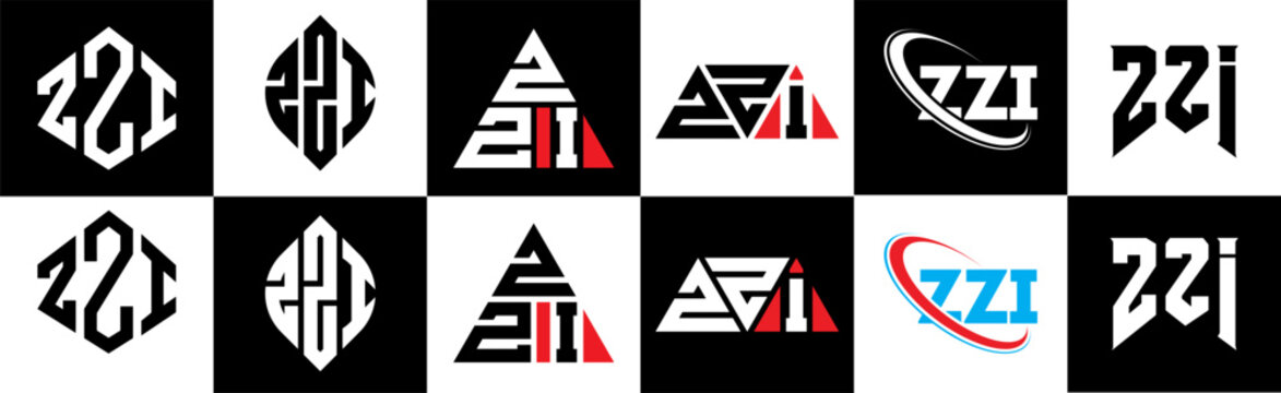 ZZI letter logo design in six style. ZZI polygon, circle, triangle, hexagon, flat and simple style with black and white color variation letter logo set in one artboard. ZZI minimalist and classic logo