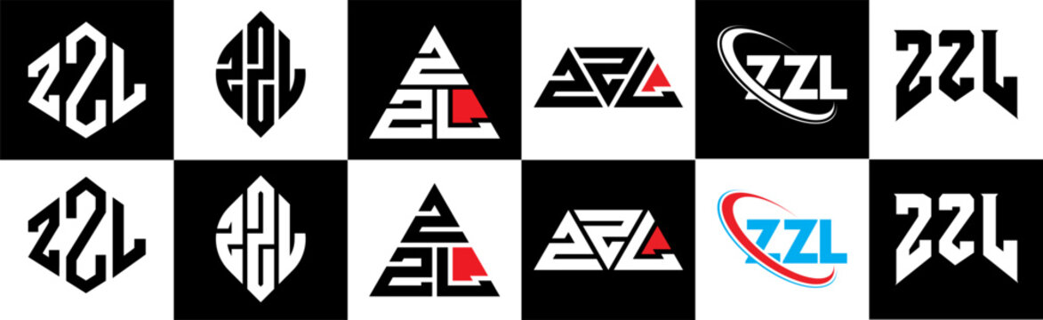 ZZL letter logo design in six style. ZZL polygon, circle, triangle, hexagon, flat and simple style with black and white color variation letter logo set in one artboard. ZZL minimalist and classic logo