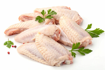 Close-up image of several fresh, raw chicken wings arranged on a white surface.