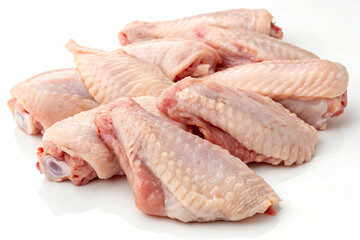 Close-up image of several fresh, raw chicken wings arranged on a white surface.