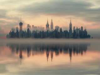 Obraz premium Dawn breaks over a city skyline, with semi silhouettes of buildings reflecting the awakening of urban innovation and growth.