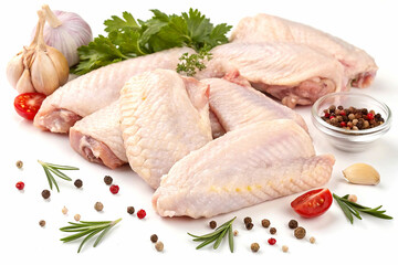 Close-up image of several fresh, raw chicken wings arranged on a white surface.