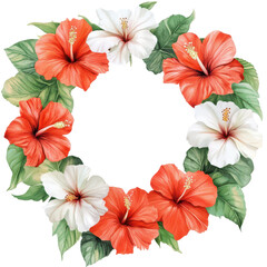 Floral Ring: A vibrant ring of red and white hibiscus flowers surrounded by lush green leaves, perfect for a tropical theme.
