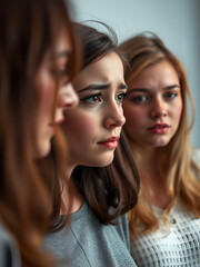A young woman sobs aware of two women making fun of her and spreading false gossip. Bullying in female teens.