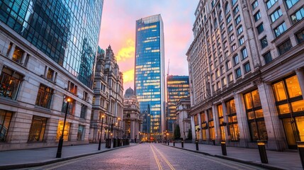 Urban skyline at sunset with modern buildings and historic architecture