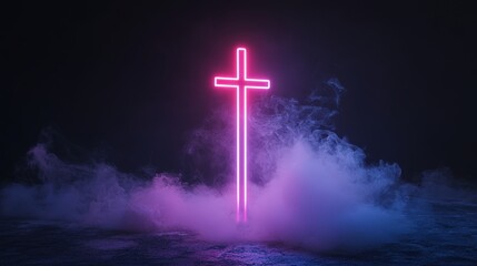 Fototapeta premium Glowing neon cross in smoky dark environment.