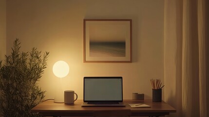 Obraz premium Cozy home office at night, laptop on desk, soft lighting, artwork