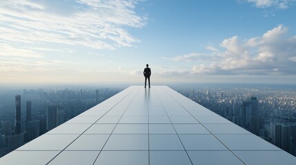 An entrepreneur standing on a skyscraper rooftop, gazing at the city skyline with confidence , isolated on a white background , High quality , No blur