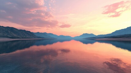 Fototapeta premium Serene Sunset Over Calm Lake with Reflections and Mountain Silhouettes