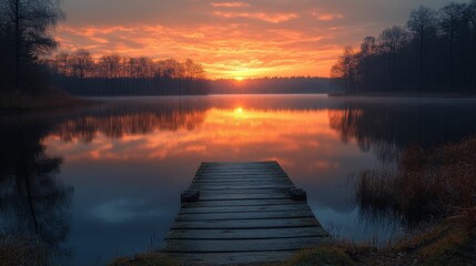 Serene sunset reflecting on tranquil lake water.