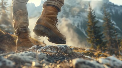 Man hiking up a mountain trail with a close-up of his leather hiking boots. The hiker shown in motion, with one foot lifted off the ground and the other planted on the mountain trail.