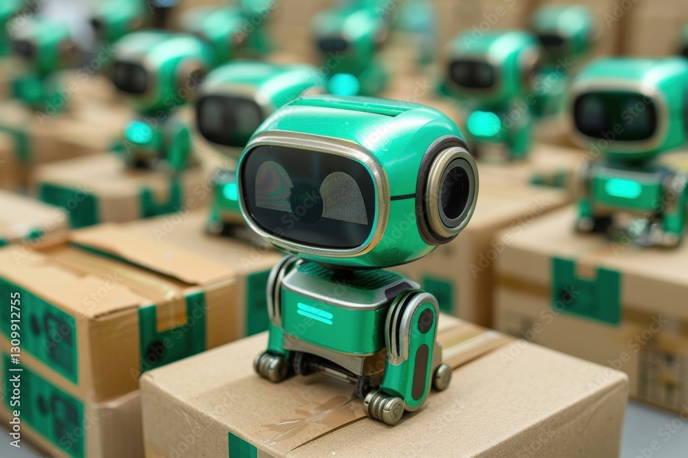Poster a futuristic shipping center with ai-driven sorting robots distributing packages efficiently.