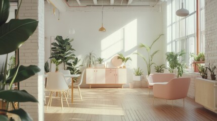 Sunlit minimalist apartment living room, plants, pink chair