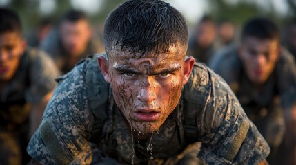 Intense Military Recruitment Experience at Boot Camp, Focusing on Discipline, Teamwork, and Resilience through Rigorous Training Activities in Challenging Environment