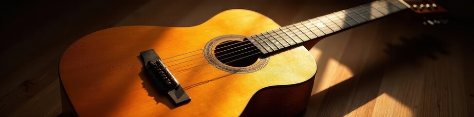 Obraz premium Sunlit acoustic guitar, rich wood grain, dramatic shadows, sunlight, warm light