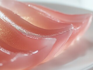 Fototapeta premium Fresh Pink Gelatin Dessert on a White Plate with a Soft Focus Background Capturing a Delicious and Tempting Treat for Any Occasion or Celebration