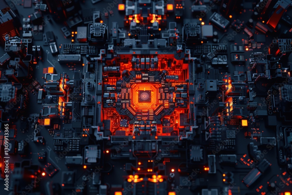 Poster Futuristic glowing microchip embedded in an advanced circuit board, symbolizing artificial intelligence, high-tech computing, digital processing, innovation, future of quantum technology.