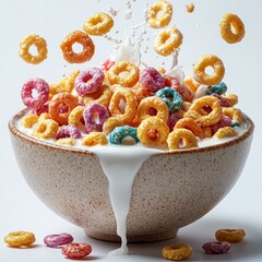 Colorful cereal rings splashing in milk within a ceramic bowl