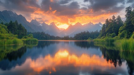 Fiery sunset reflected on tranquil mountain lake