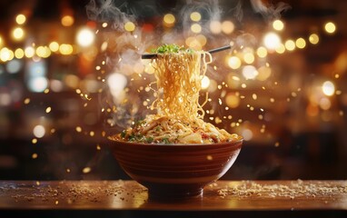 Of a Bowl of hot ramen with noodles lifting in the air, against a softly blurred cozy restaurant background