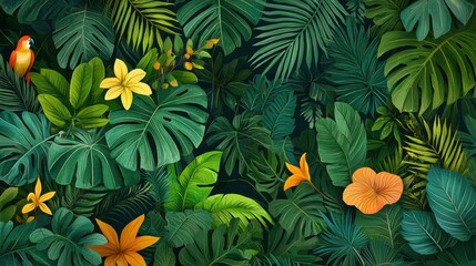 Vibrant Tropical Jungle with Lush Green Leaves and Colorful Flowers