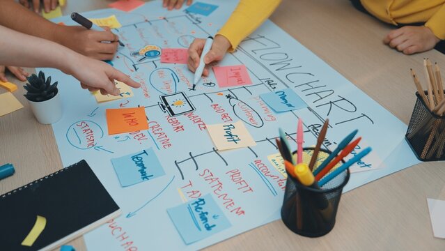 Collaborative brainstorming session with colorful sticky notes, hands pointing at flowchart, planning and organizing project strategy on a table surface SACTR