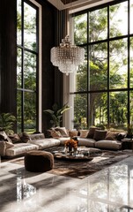 Modern luxury living room with large windows overlooking a garden.