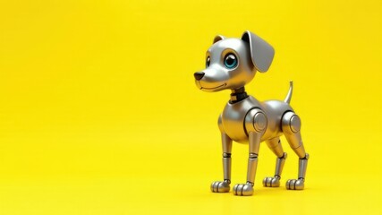 robotic dog with metallic body and blue eyes against bright yellow background with copy space. concept of futuristic technology and artificial intelligence. tech blog, sci-fi illustration.