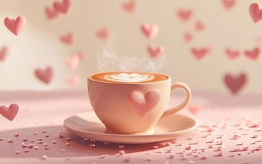 Of a Cup of steaming cappuccino with heart-shaped foam art, surrounded by tiny floating hearts on a pastel cream background
