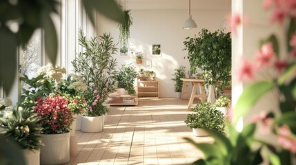 Fototapeta premium Sunlit indoor garden room, plants, flowers, peaceful home
