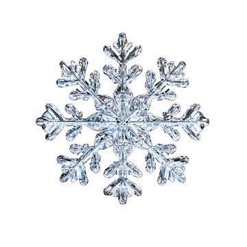 A shimmering snowflake resting delicately on a surface, reflecting light like a diamond, isolated on white background.