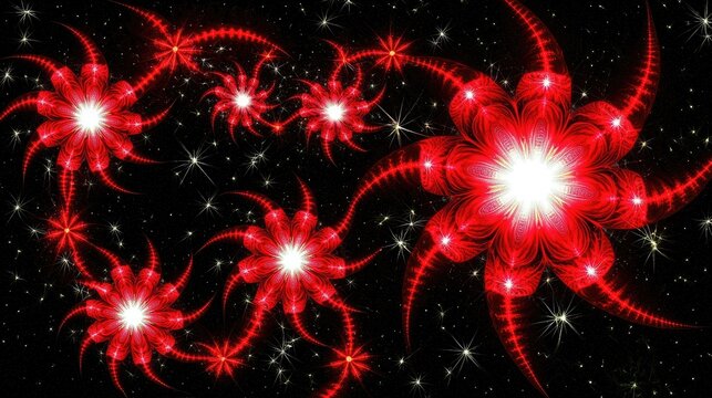 Red floral fractal blooms on dark, starlit background. For sci-fi art, galaxy illustration