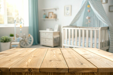 A high-angle, close-up view of a light brown wooden tabletop, perfect for product placement or showcasing a baby-themed item.