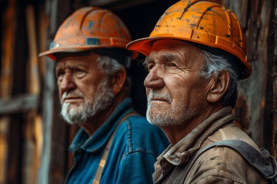 Two senior craftsmen wearing hard hats observing a project at a construction site, emphasizing experience, collaboration, and expertise in traditional woodworking and furniture crafting. - Powered by Adobe