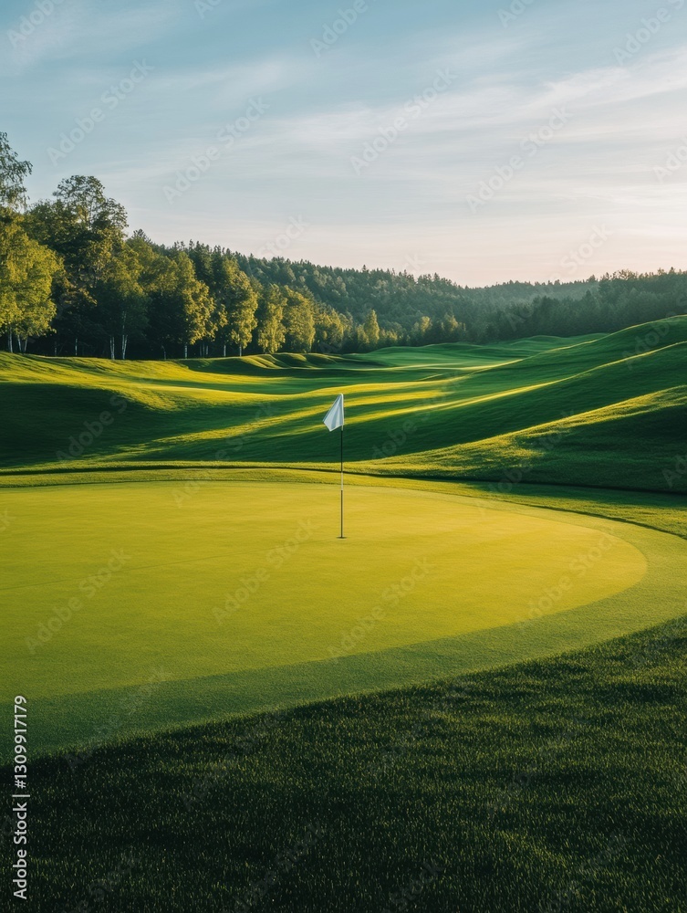 Poster serene golf course showcasing rolling hills and a flag marking the hole during a golden hour generat