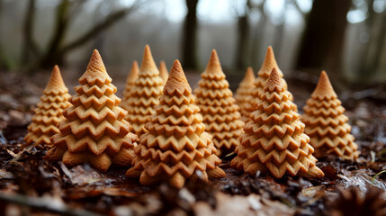 Fototapeta premium Cookies shaped like pine trees are arranged on a forest floor, surrounded by fallen leaves. Concept of novelty and creativity. For holiday-themed baking content.