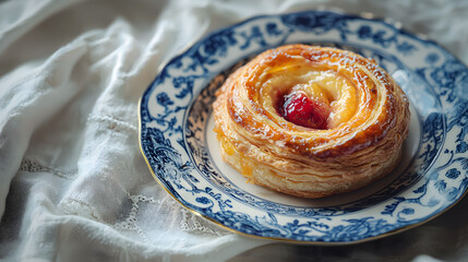 Exquisite Danish Pastry Arranged on Vintage Plate Surrounded by Soft Fabric Texture