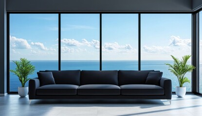 Modern luxury living room with ocean view. Dark sofa against large windows, showcasing a tranquil seascape.