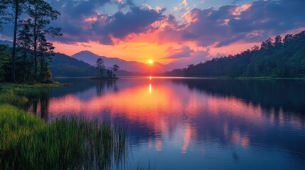 Serene sunset lake reflecting vibrant sky mountains
