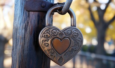 Heart shaped lock hanging on wooden pole.