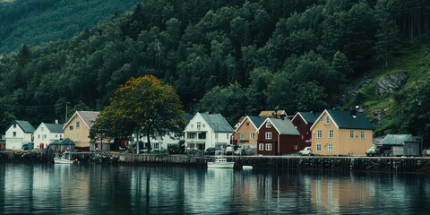 Naklejka premium Picturesque Fishing Village By A Norwegian Fjord