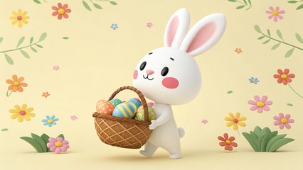 Obraz premium Cute Cartoon Easter Bunny with Basket 3D